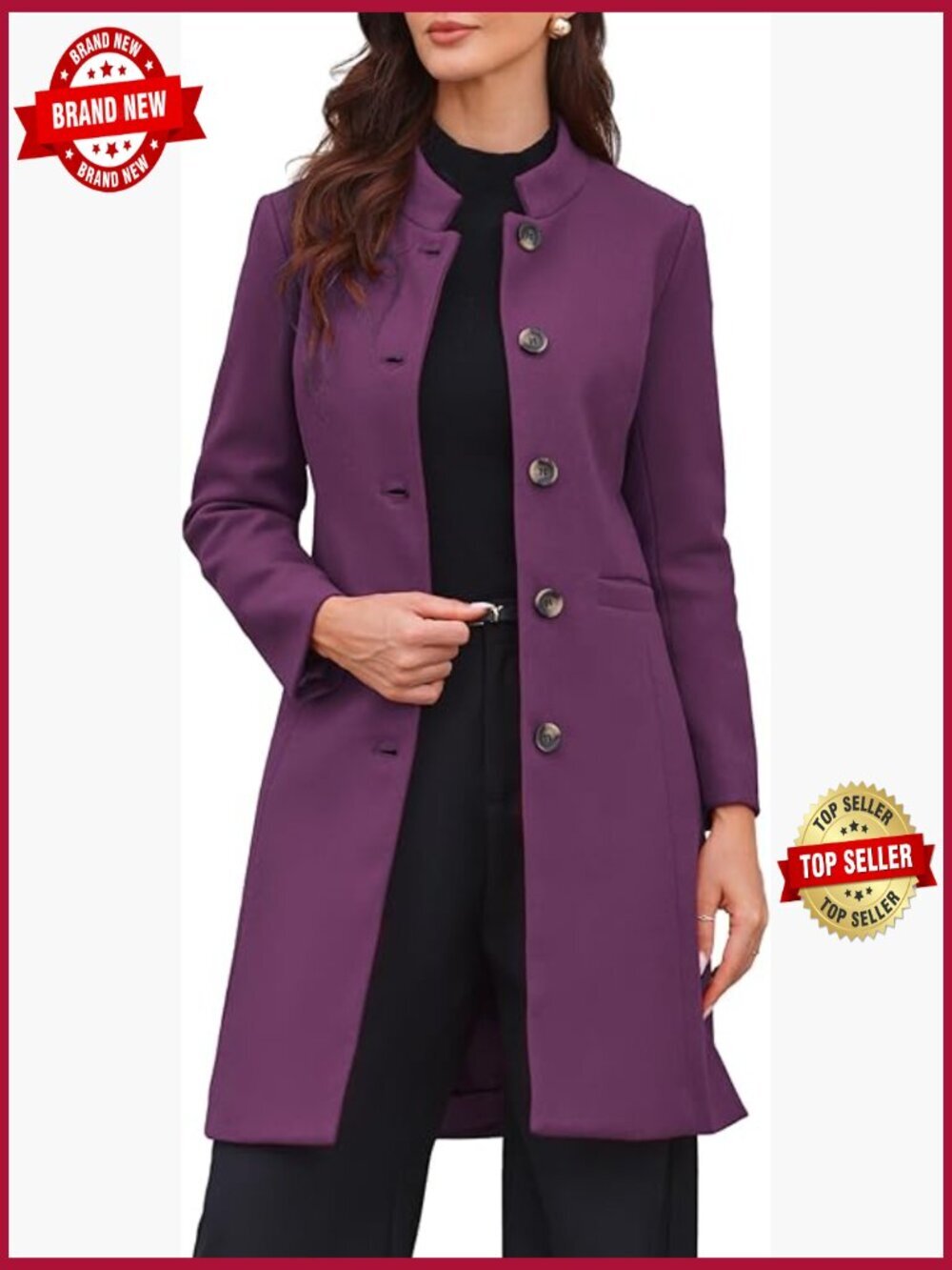 Women's Winter Wool Pea Coat Stand Collar Single Breasted Mid-Long